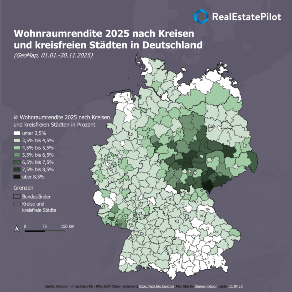 GeoMap Renditeatlas 2025: Höchste Mietrenditen weiterhin in Mitteldeutschland