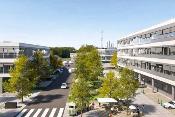 Aus Industriebrache wird Zukunftsstandort: „Rheindocks“ im Quartier Werft68 feiern Richtfest in Düsseldorf-Holthausen